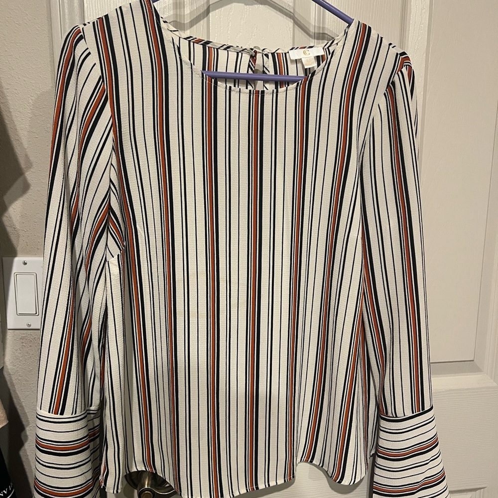 Charming Charlie White and Brown Boxy Blouse with Cuffed 3/4 Sleeves
